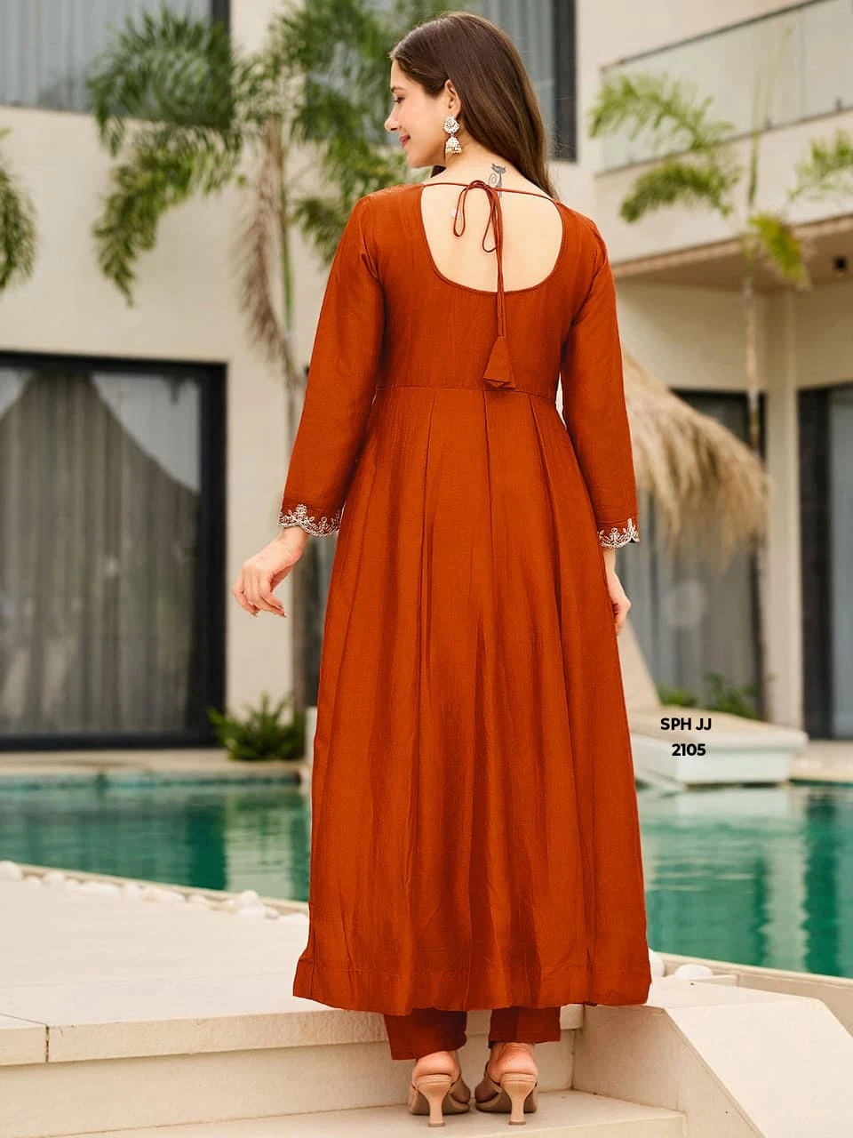 Rust Orange Embroidered Anarkali Kurti Set – Rust Orange & Silver